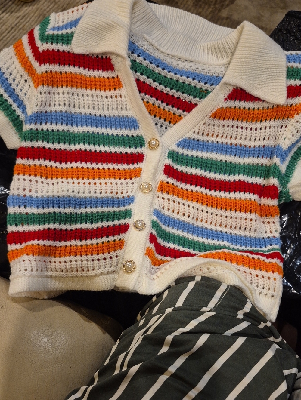Ladies--Cream Collared Crochet Short-Sleeve Sweater with Multicolor Stripes